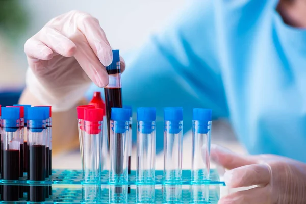 Asistente de laboratorio joven analizando muestras de sangre en el hospital — Foto de Stock