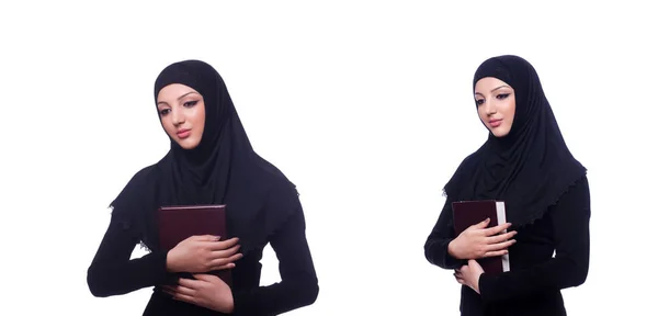 Muselman ung kvinna bär hijab på vit — Stockfoto