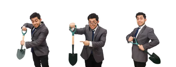 Junger Geschäftsmann mit einem Werkzeug auf weißem Grund — Stockfoto