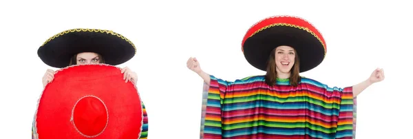 Досить мексиканська дівчина в яскравому пончо ізольована на білому — стокове фото