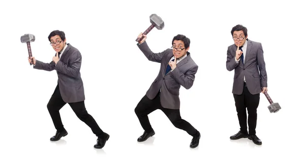 Business man holding hammer isolated on white — Stock Photo, Image