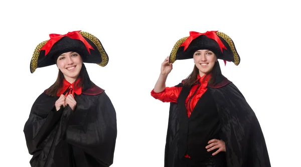 Pirata donna in cappotto nero isolato su bianco — Foto Stock