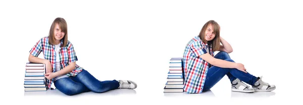 Chica estudiante con libros en blanco — Foto de Stock