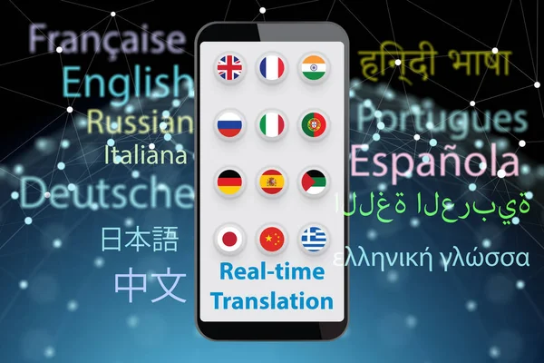 Concept van real-time vertaling met smartphone app - 3d render — Stockfoto