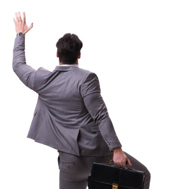 İşadamı beyaz üzerine izole edilmiş sanal engeli tırmanıyor