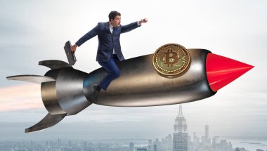 Bitcoin fiyatında roketle uçan işadamı yükselen konsept