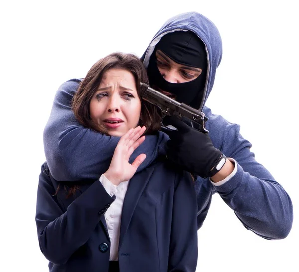 Businesswoman is kidnapped by the gunman — Stock Photo, Image