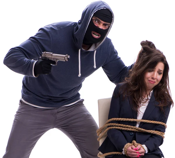 Kidnapper with tied woman isolated on white — Stock Photo, Image