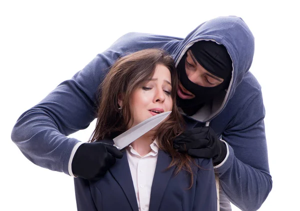 Knifeman threatening tied woman — Stock Photo, Image