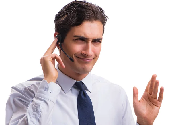 Homem com fone de ouvido isolado no fundo branco — Fotografia de Stock