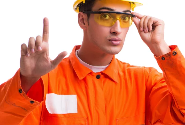 Trabajador de la construcción con sombrero duro aislado en blanco — Foto de Stock