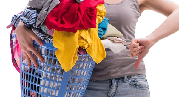 Woman with basket of clothing for laundry — Stock Photo, Image