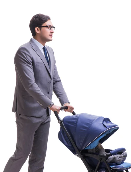 Молодий бізнесмен догляд за дитиною в колясці ізольовано на білому — стокове фото