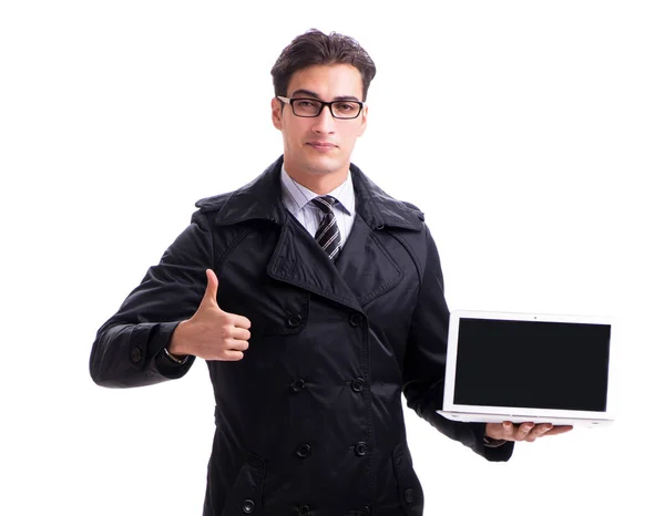 Молодой бизнесмен с ноутбуком изолированы на белом фоне — стоковое фото