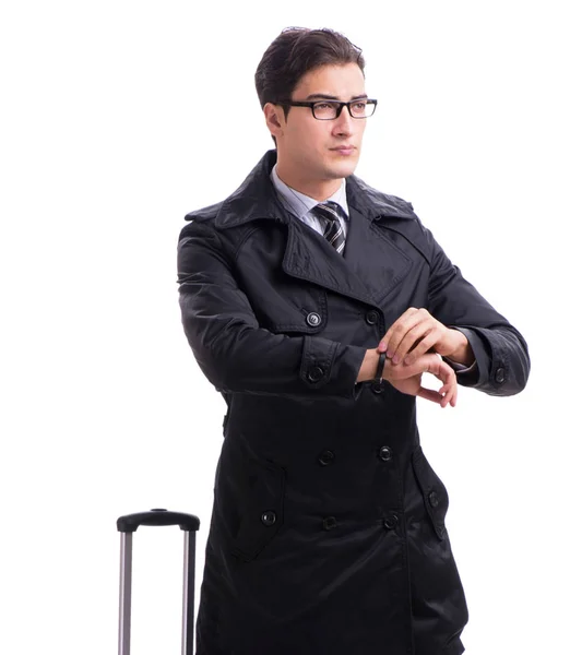 Ung affärsman med resväska redo för affärsresa på vit — Stockfoto