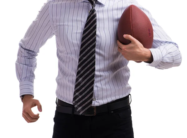 Mladý podnikatel s americkým fotbalem izolovaný na bílém — Stock fotografie