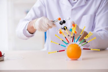 Erkek beslenme uzmanı gıda ürünlerini laboratuarda test ediyor.