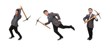 Genç işadamının elinde beyaz bir alet var.