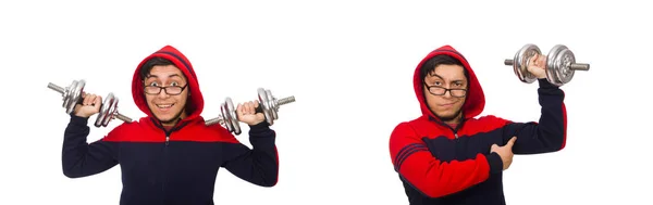 Young man with dumbbells isolated on white — Stock Photo, Image