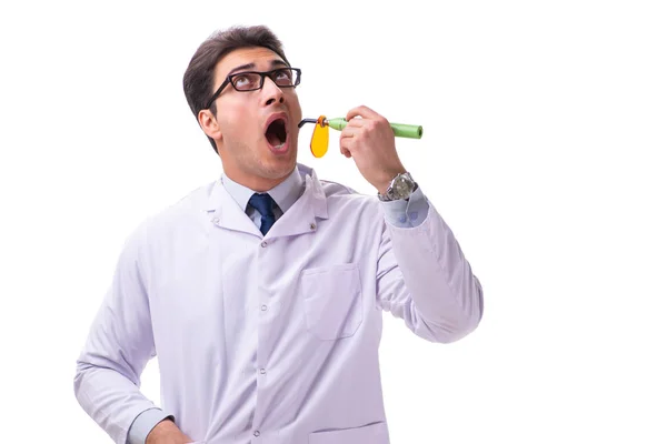 Jonge mannelijke arts stomatoloog geïsoleerd op wit — Stockfoto