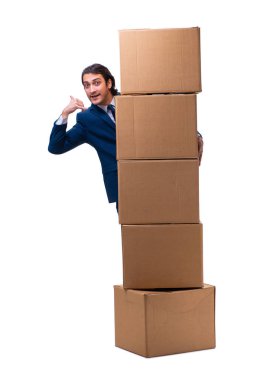 Kutuları beyaza izole edilmiş genç erkek çalışan.
