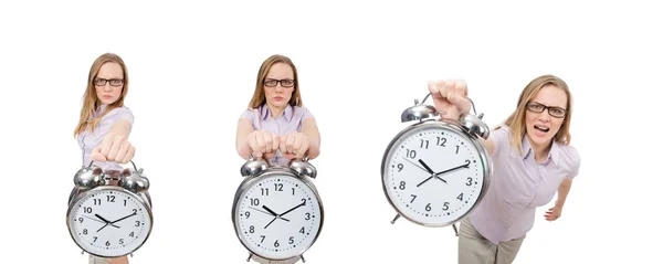 Joven empleado sosteniendo reloj despertador aislado en blanco — Foto de Stock