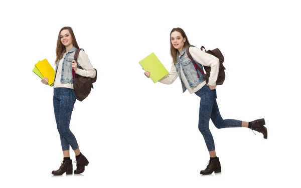 Mooie student houdt leerboeken geïsoleerd op wit — Stockfoto
