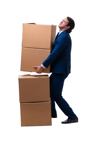 Giovane dipendente maschio con scatole isolate su bianco — Foto Stock