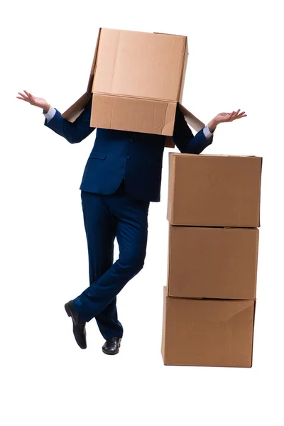 Young male employee with boxes isolated on white — Stock Photo, Image