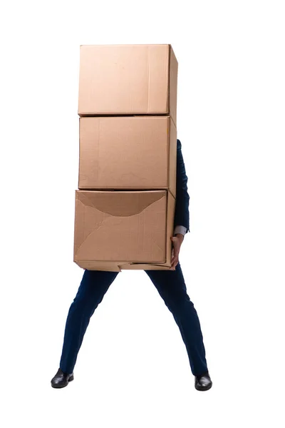 Jovem funcionário masculino com caixas isoladas em branco — Fotografia de Stock