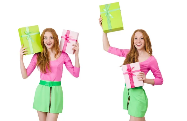 Mujer joven con compras de Navidad en blanco —  Fotos de Stock