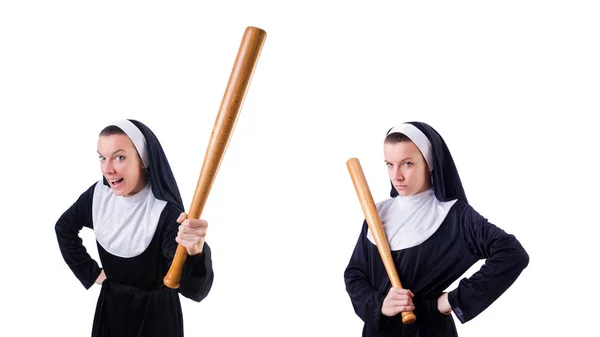 Nun with baseball bat on white — Stock Photo, Image