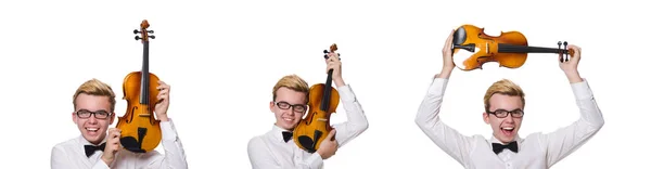 Young funny violin player isolated on white — Stock Photo, Image