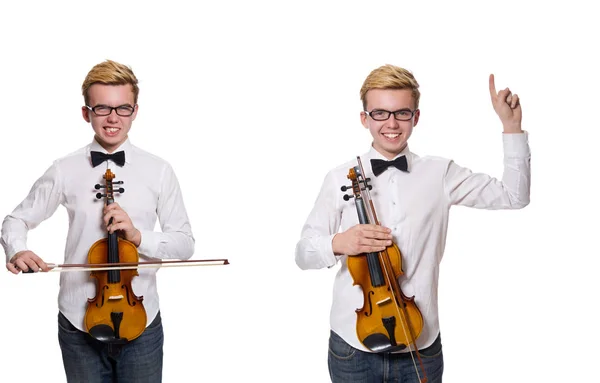 Young funny violin player isolated on white — Stock Photo, Image