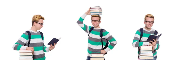 Grappige student met stapel boeken — Stockfoto