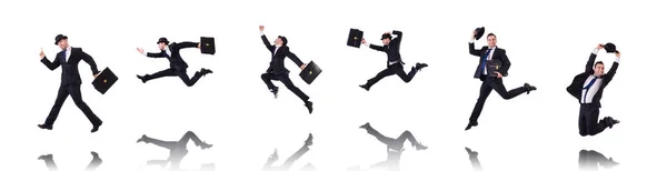 Смішний бізнесмен стрибає на білому — стокове фото