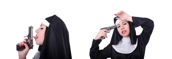 Nun with gun isolated on the white — Stock Photo, Image