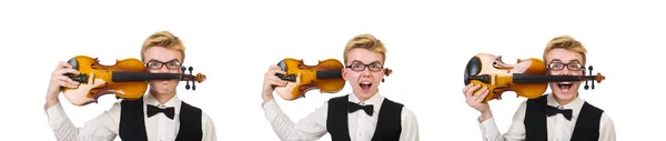 Homem engraçado com violino no branco — Fotografia de Stock