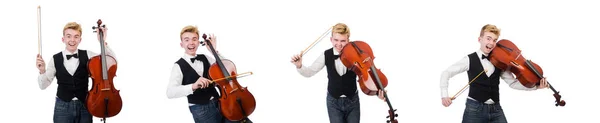 Homem engraçado com violino no branco — Fotografia de Stock