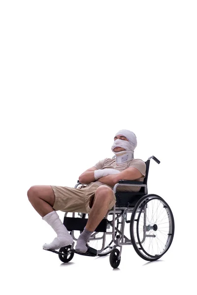 Injured man in wheel-chair isolated on white — Stock Photo, Image