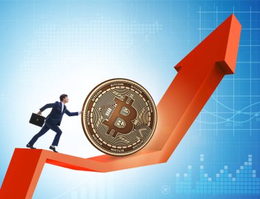 İşadamı, kripto para zinciri konseptinde bitcoin basıyor