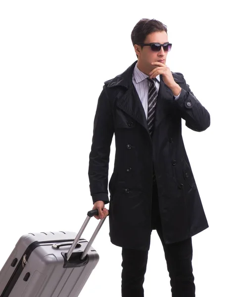 De jonge zakenman met koffer klaar voor zakenreis op w — Stockfoto