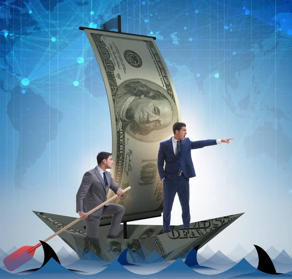 Affärsmannen rodd på dollarbåt i business financial conc — Stockfoto
