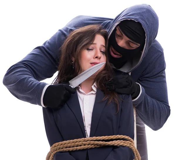 The knifeman threatening tied woman — Stock Photo, Image