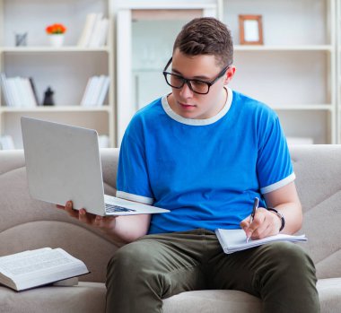 Sınavlara hazırlanan genç öğrenci kanepede ders çalışıyor.