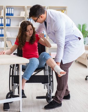 Hastanede yaralanma kontrolü sırasında doktor ve hasta.