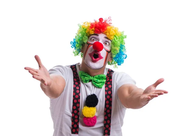 Rolig clown agerar dumt isolerad på vit bakgrund — Stockfoto