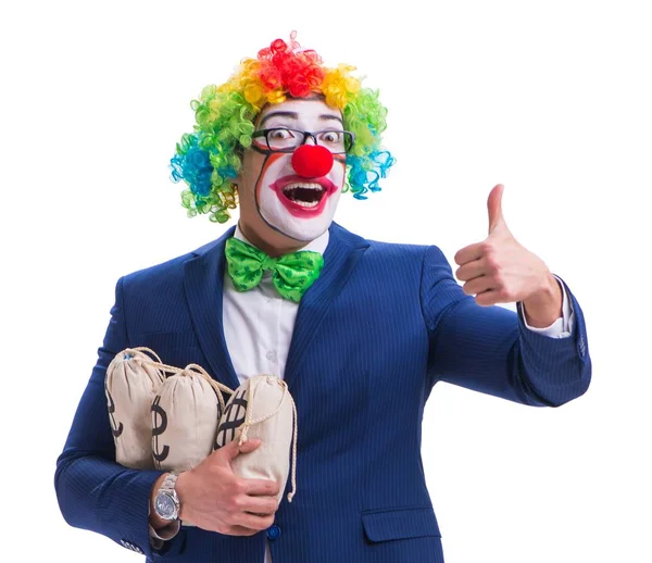 Rolig clown affärsman med pengar säckar väskor isolerade på vitt — Stockfoto