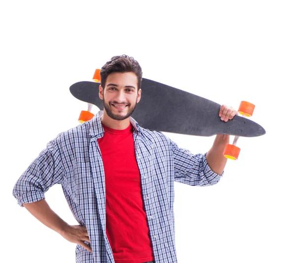 Jonge skateboarder met een longboard skateboard geïsoleerd op wit — Stockfoto