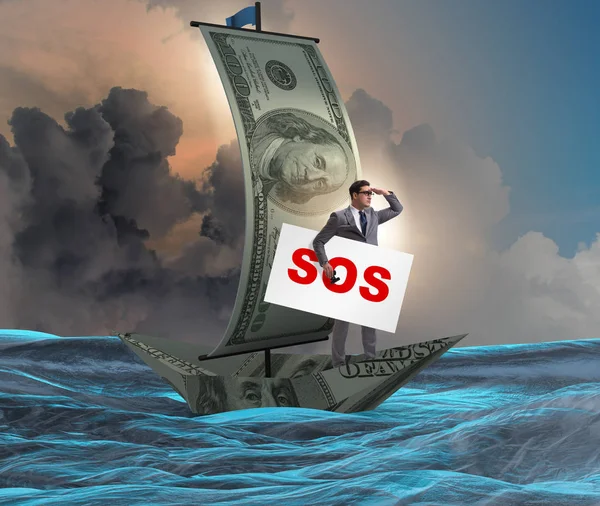 Geschäftsmann bittet mit SOS-Botschaft auf Boot um Hilfe — Stockfoto